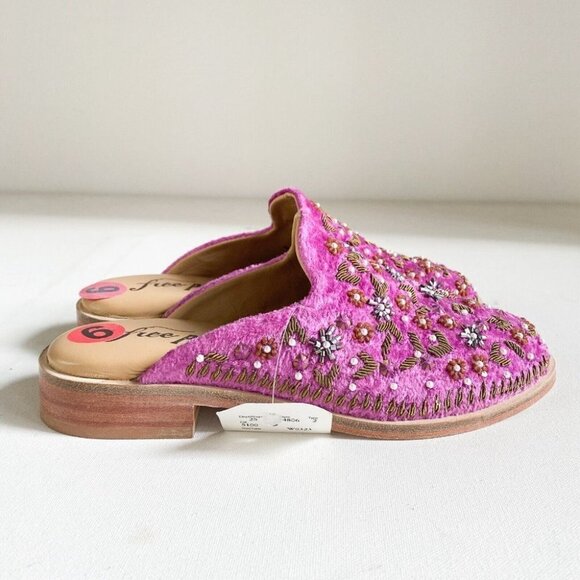 Free People Cosmic Pink Magenta Dancing Queen Velvet  Beaded Loafer Mules… - Picture 8 of 11